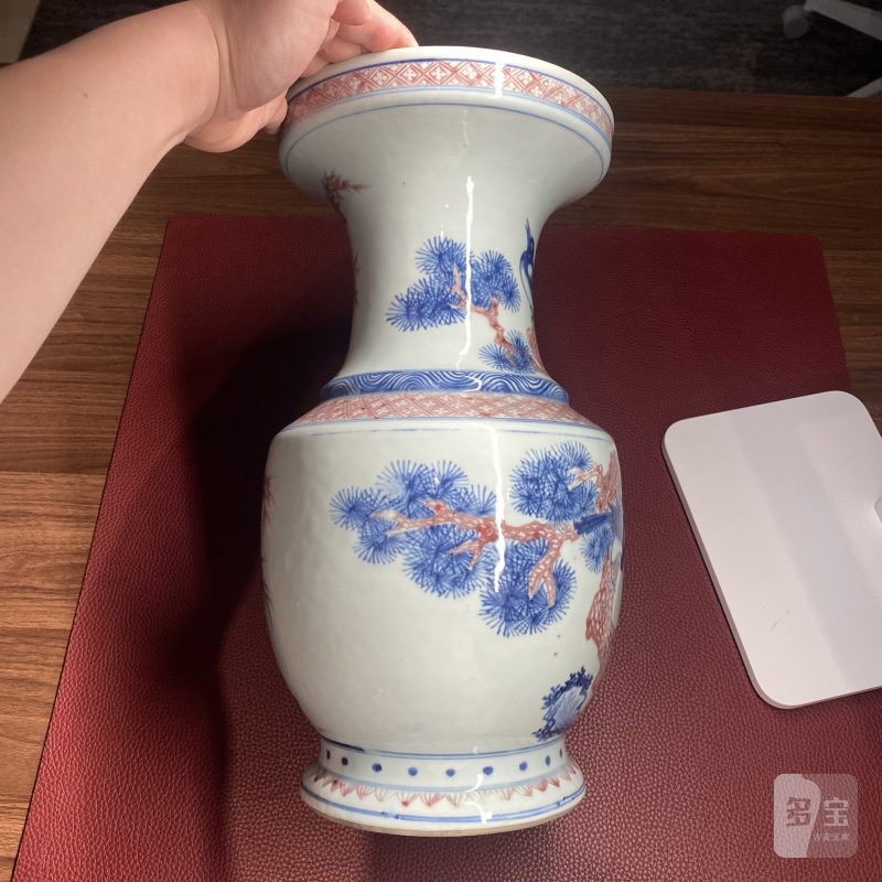 清雍正 青花釉里红报喜图盘口尊 - 图9